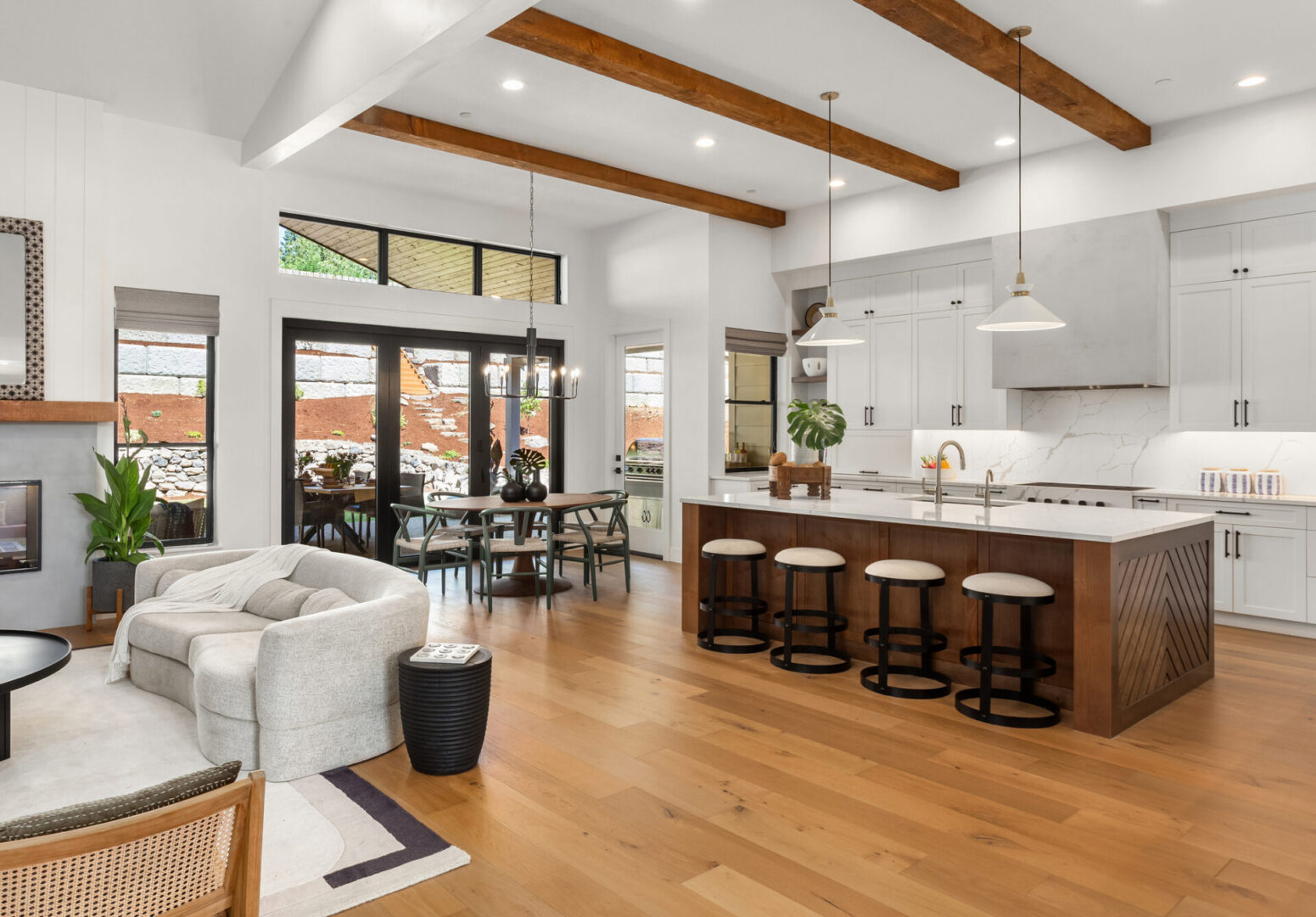 kitchen and living room in newly constructed luxury home