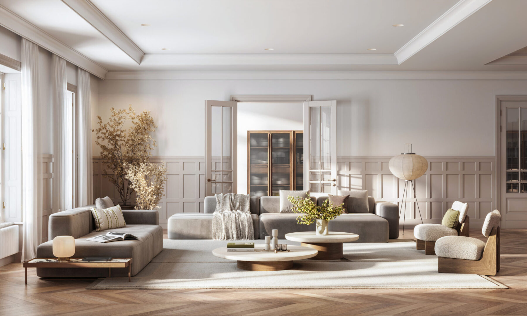 This image showcases a digitally generated, modern living room, offering a blend of comfort and elegance with its sleek furniture and soft color palette.