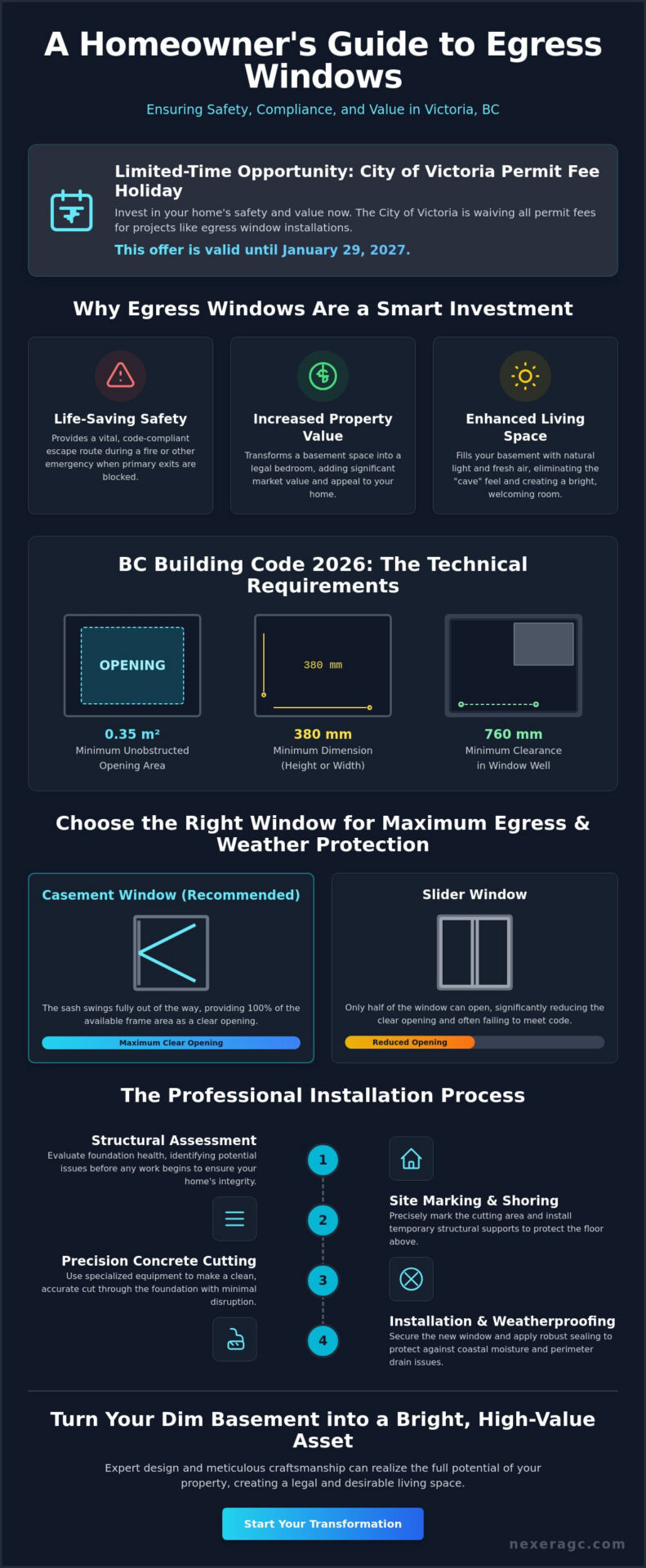 Egress Window Installation in Victoria, BC: A 2026 Guide to Safety and Legal Suites